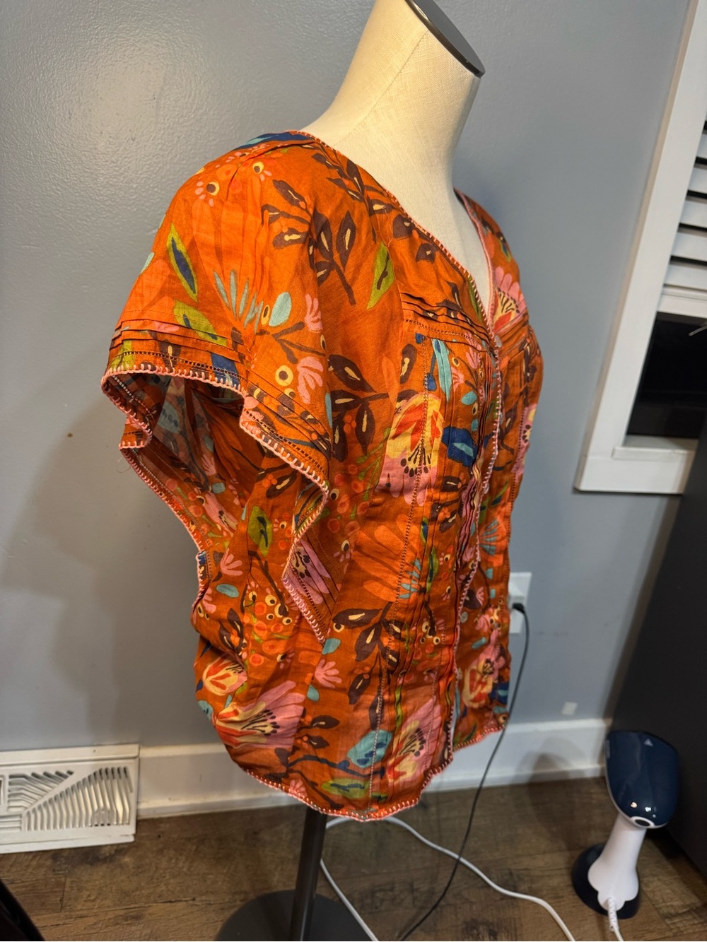 Daniel Rainn Orange Floral Linen Cotton Button-Front Blouse Flutter Sleeve Med - Picture 8 of 10